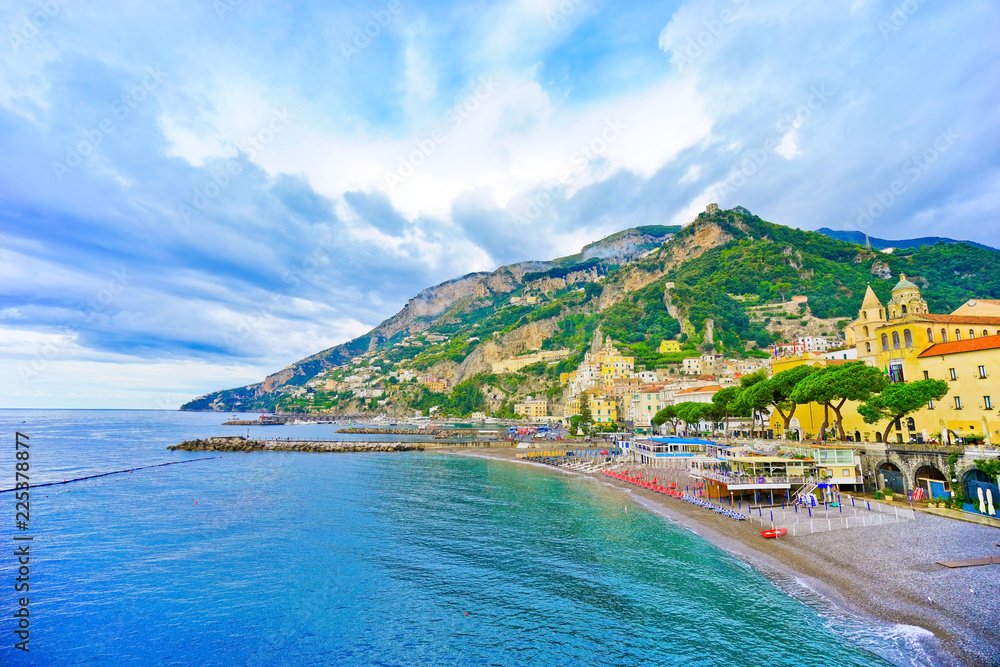 View of Amalfi along Amalfi Coast in Italy in summer.