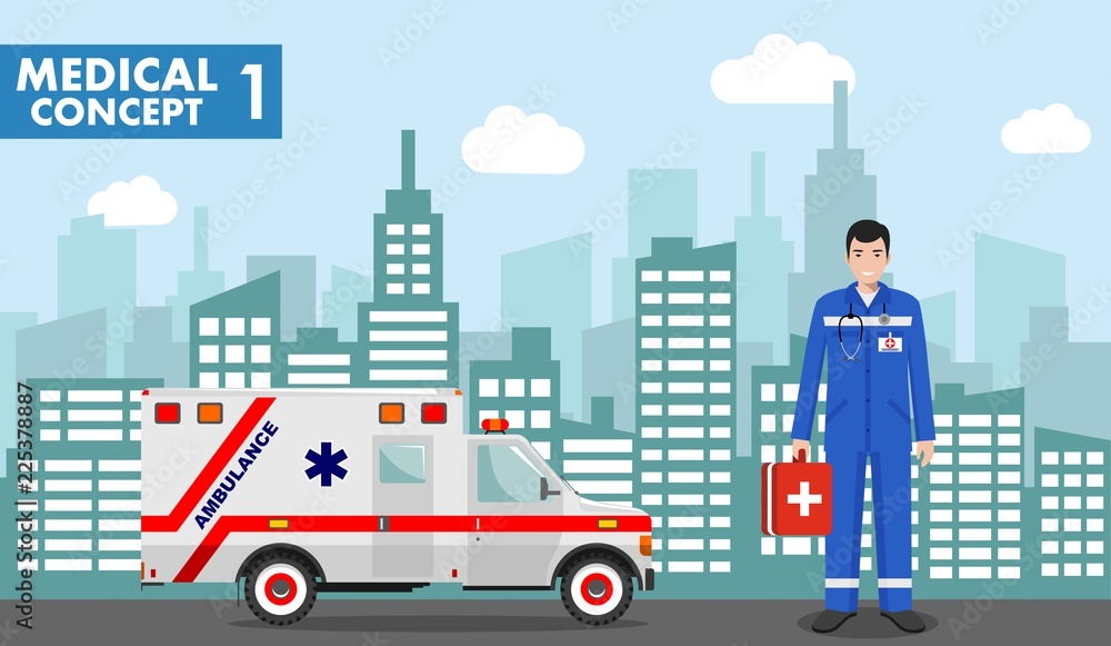 Fototapeta premium Medical concept. Detailed illustration of emergency doctor man in uniform on background with cityscape in flat style. Vector illustration.