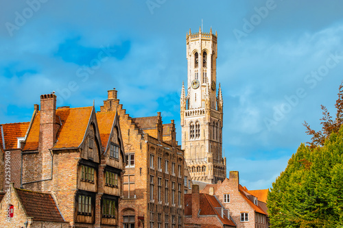 Bruges, Belgium. Historical houses and Belfry tower. Fototapeta