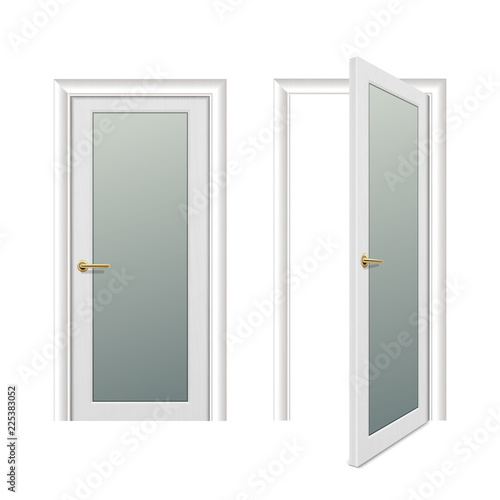 Vector realistic different opened and closed white wooden door icon set closeup isolated on white background. Elements of architecture. Design template for graphics, Front view
