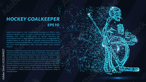 Hockey of the particles on a dark background. Hockey goalkeeper made out of geometric shapes. Vector illustration