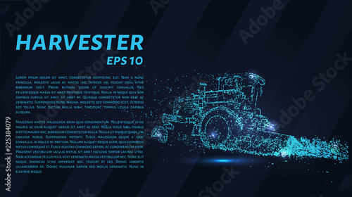 Combine agricultural machinery from particles on a dark background. Harvester consists of geometric shapes. Vector illustration