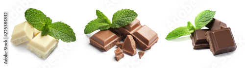 Set with different kinds of delicious chocolate and mint on white background