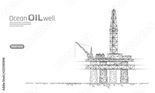 Ocean oil gas drilling rig low poly business concept. Finance economy polygonal petrol production. Petroleum fuel industry offshore extraction derricks line connection dots white vector illustration