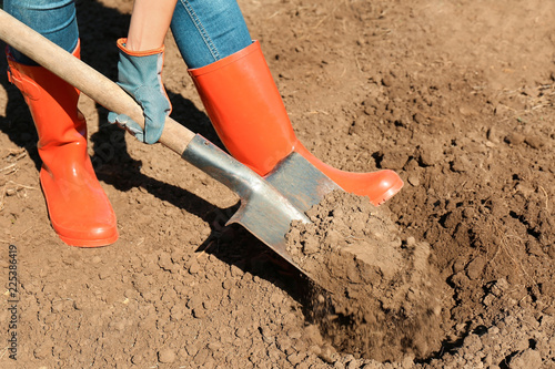Woman digging soil with shovel outdoors. Gardening tool
