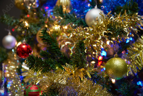 Ornaments on a Christmas Tree. Medium shot of decorations on a Christmas tree.

