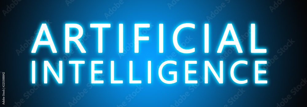 Artificial Intelligence - glowing white text on blue background