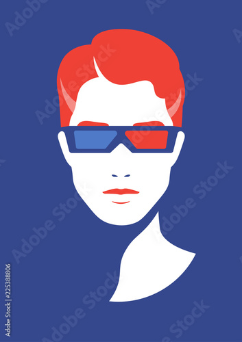 A man's face in 3d glasses. A bright minimalistic portrait of a guy. Vector Flat Illustration