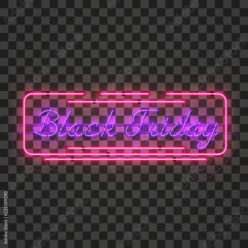 Shining and glowing realistic BLACK FRIDAY purple neon sign in red frame isolated on transparent background. Bright neon sign, night advertisement logo, vector illustration.