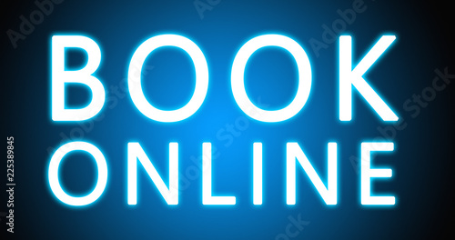 Book Online - glowing white text on blue background