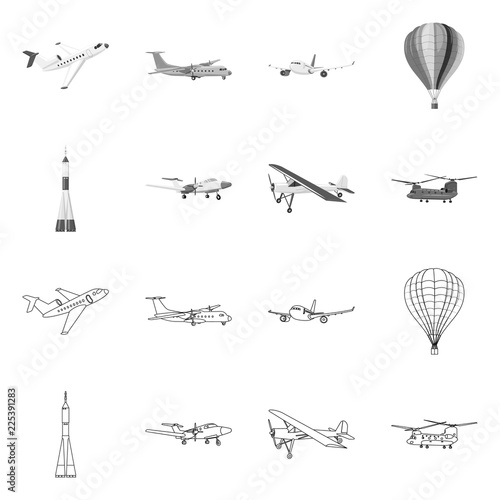 Vector design of plane and transport logo. Set of plane and sky vector icon for stock.