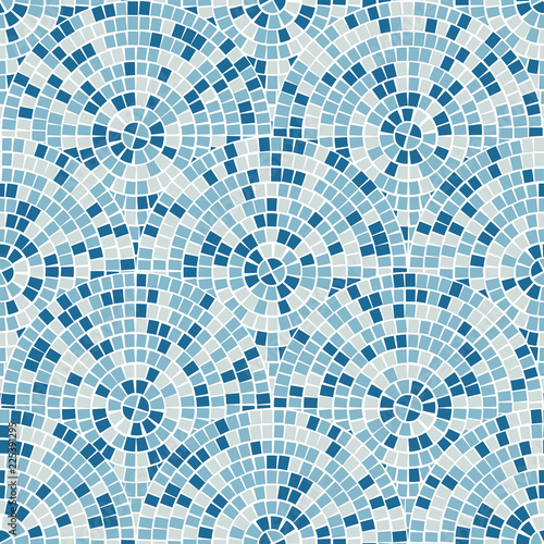 Bright abstract mosaic seamless pattern. Vector background. For design and decorate backdrop. Endless texture. Ceramic tile fragments. Colorful broken tiles trencadis. Blue colors art photo