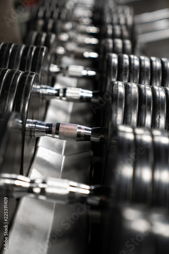 Dumbbells laid in line in gym photo