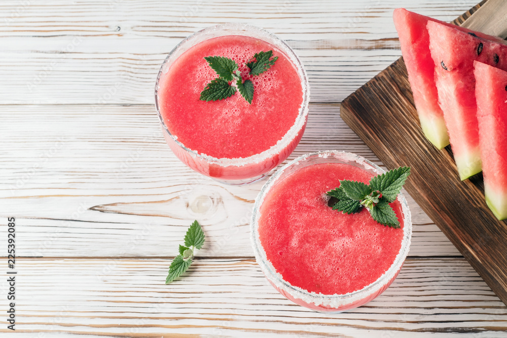 Drink smoothies from red watermelon in glass dishes Drink smoothies from red watermelon in glass dishes
