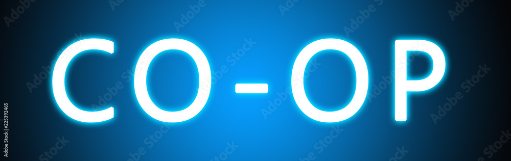 Co-Op - glowing white text on blue background Co-Op - glowing white text on blue background