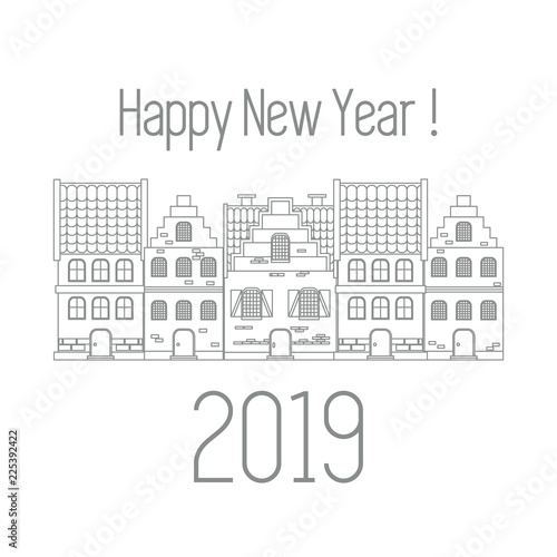 Happy New Year 2019 card. Vector houses.