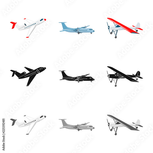 Vector illustration of plane and transport icon. Set of plane and sky vector icon for stock.
