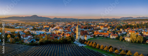 Aerial Panorama view of small medieval european town Slovenska Bistrica, Slovenia with church and castle