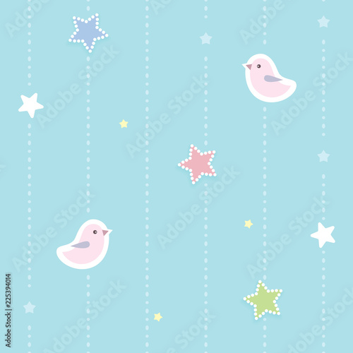 Cute seamless background with colorful dotted stars and pink birds. Children'...