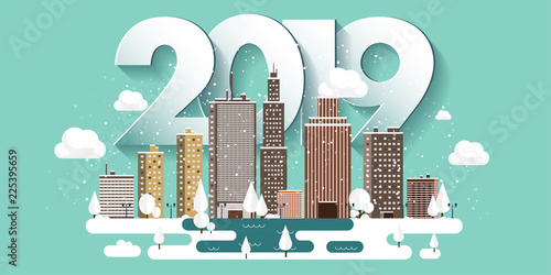 Vector illustration. 2019 winter urban landscape. City with snow. Christmas and new year. Cityscape. Buildings.Mountaines, nature.
