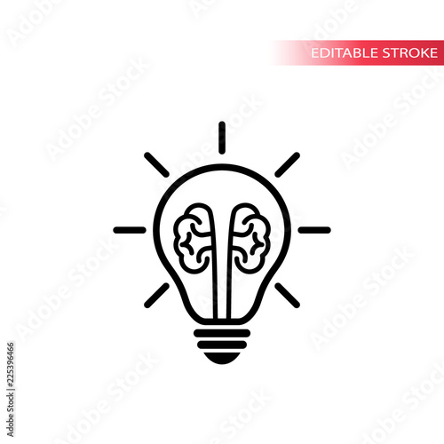 Light bulb with brain idea concept vector icon. Lightbulb with rays glowing line icon.