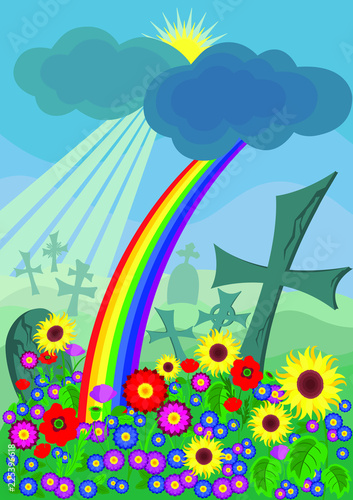cemetery with colorful flowers and a rainbow