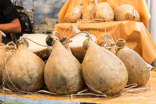Many forms of caciocavallo cheese dop sale in Italian market