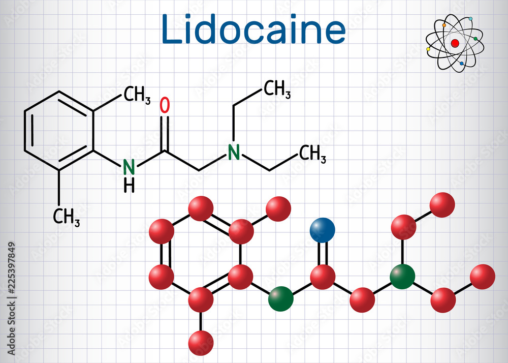 Lidocaine (xylocaine, lignocaine) molecule. It is local anesthetic. Sheet of paper in a cage. Structural chemical formula and molecule model Lidocaine (xylocaine, lignocaine) molecule. It is local anesthetic. Sheet of paper in a cage. Structural chemical formula and molecule model