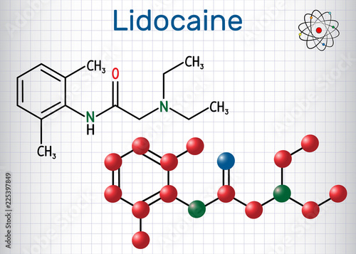 Lidocaine (xylocaine, lignocaine) molecule. It is local anesthetic. Sheet of paper in a cage. Structural chemical formula and molecule model