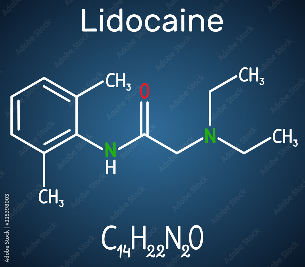Lidocaine (xylocaine, lignocaine) molecule. It is local anesthetic. Structural chemical formula on the dark blue background Lidocaine (xylocaine, lignocaine) molecule. It is local anesthetic. Structural chemical formula on the dark blue background