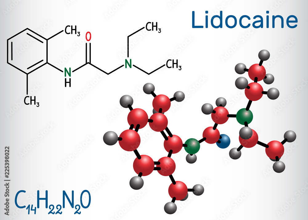 Lidocaine (xylocaine, lignocaine) molecule. It is local anesthetic. Structural chemical formula