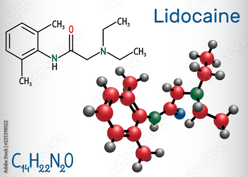 Lidocaine (xylocaine, lignocaine) molecule. It is local anesthetic. Structural chemical formula and molecule model photo