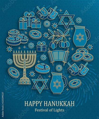 Hanukkah greeting card with Torah, menorah and dreidels. Place for your text. Vector illustration.