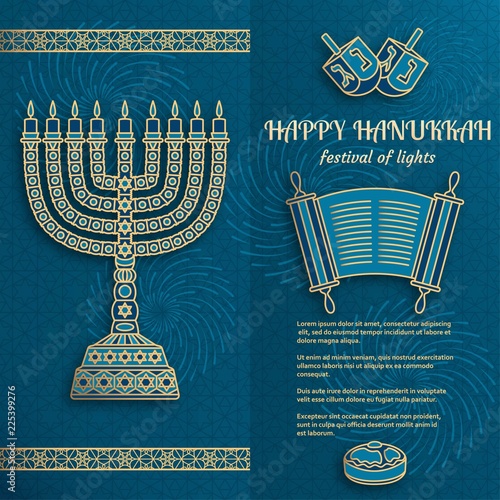 Hanukkah greeting card with Torah, menorah and dreidels. Place for your text. Vector illustration.