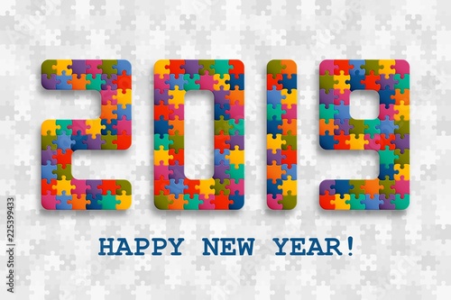 2019 jigsaw puzzle background with many colorful pieces. Happy New Year card design. Abstract mosaic template. Vector illustration.