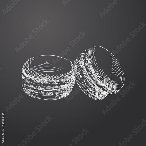 Hand Drawn Macaroons Sketch Symbol isolated on chalkboard. Vector dessert Element In Trendy Style
