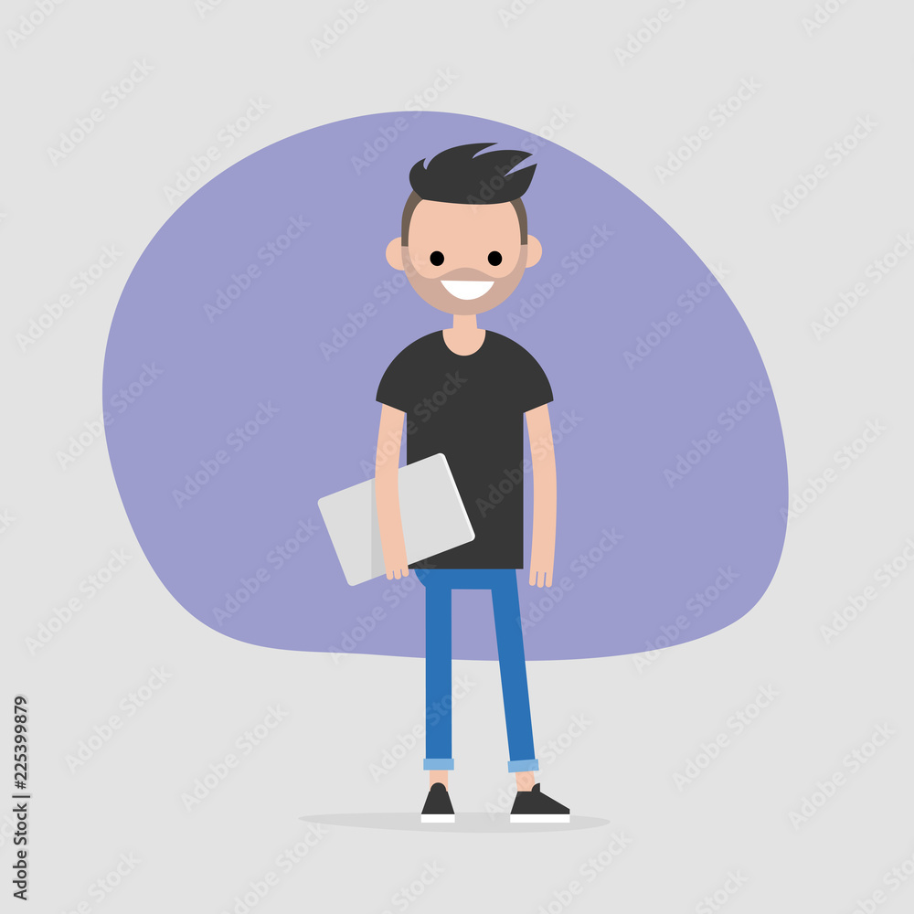 Young male character holding a laptop. Modern office worker. Millennial. Lifestyle. FLat editable vector illustration, clip art Young male character holding a laptop. Modern office worker. Millennial. Lifestyle. FLat editable vector illustration, clip art