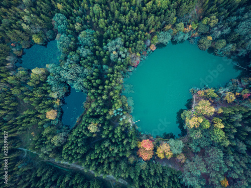 Aerial view of multiple lakes in the forest surrounded by colorful trees