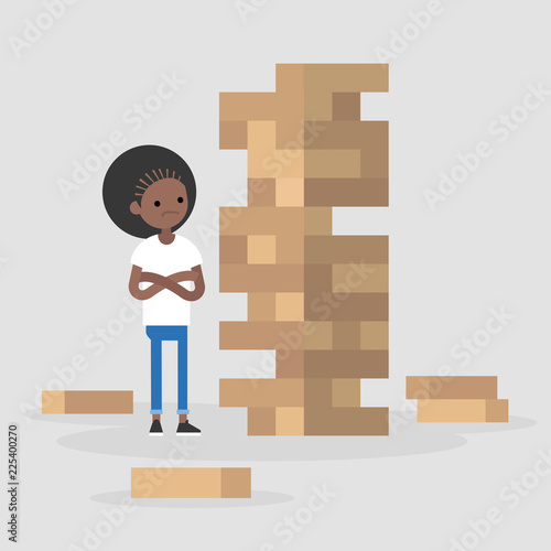 Young black female character taking turn removing a block from a tower constructed of wooden bricks. Strategic thinking. Flat editable vector illustration, clip art