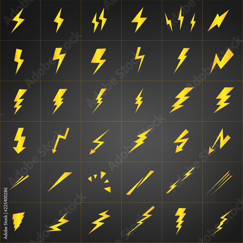 Yellow Lightning vector set isolated on black background. Simple icon storm or thunder and lightning strike. photo