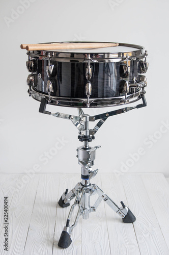 Musical instruments close up. Beautiful snare drum on stand