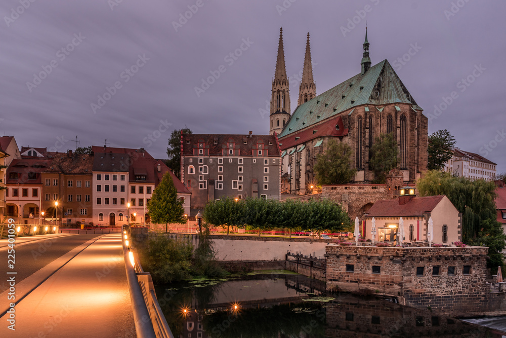 Early morning view of St Peter and Paul's Church, from the bridge. Colorful autumn cityscape of Gorlitz, eastern Germany, Europe. Traveling concept background.