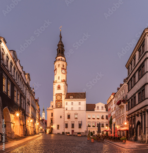 Early morning blue hour scenery. Historic town of Goerlitz with town hall, Germany