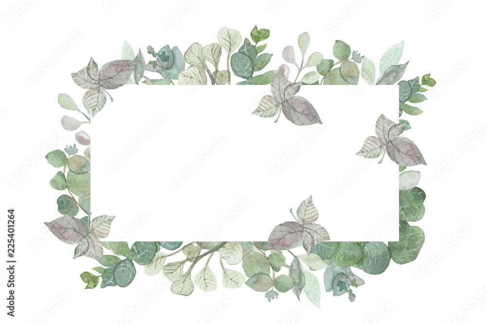 Watercolor hand painted square frame with silver dollar eucalyptus leaves and branches.