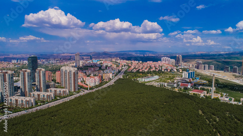 Fototapeta Naklejka Na Ścianę i Meble -  Aerial view of skyscraper and forest in Ankara,Oran.