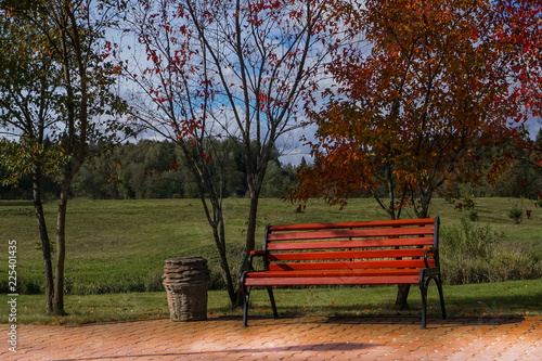 A bench in the park.