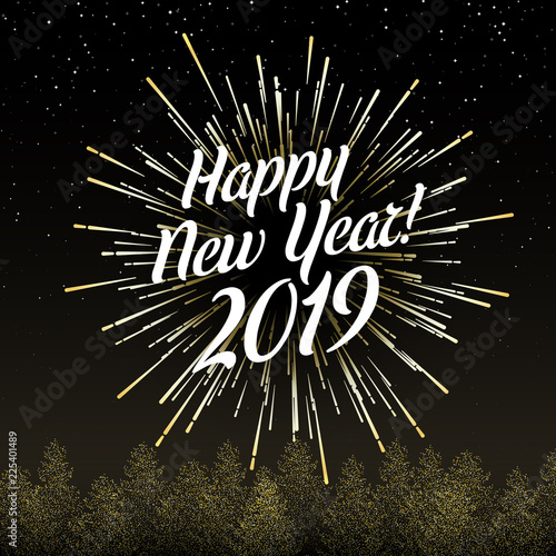 Black Happy New Year 2019 card with golden firework.
