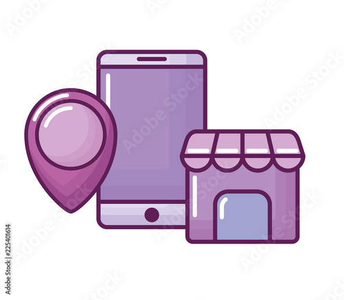 smartphone with pin location and store building