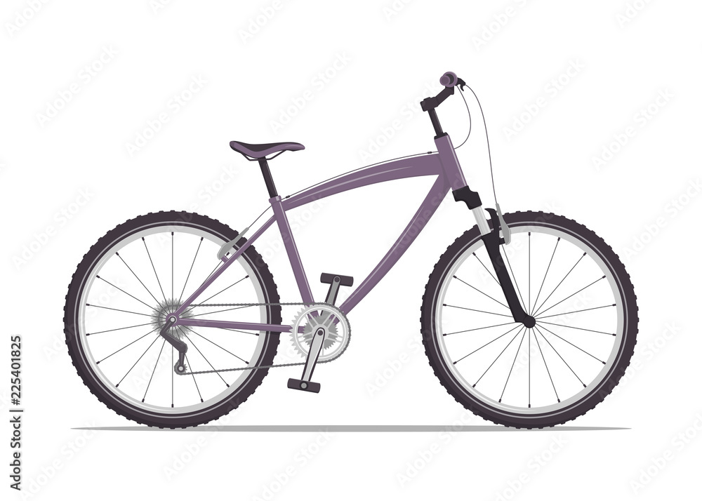 Modern city or mountain bike with V-brakes. Multi-speed bicycle for adults. Vector flat illustration, isolated on white.