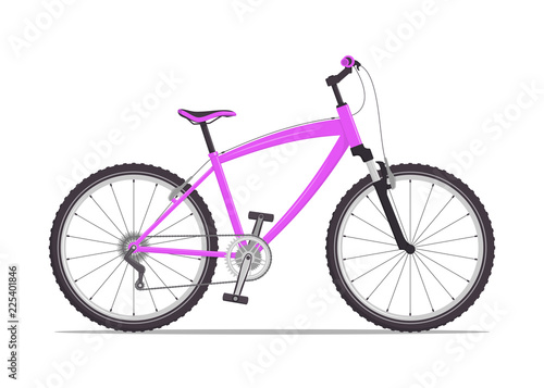 Modern city or mountain bike with V-brakes. Multi-speed bicycle for adults. Vector flat illustration, isolated on white.